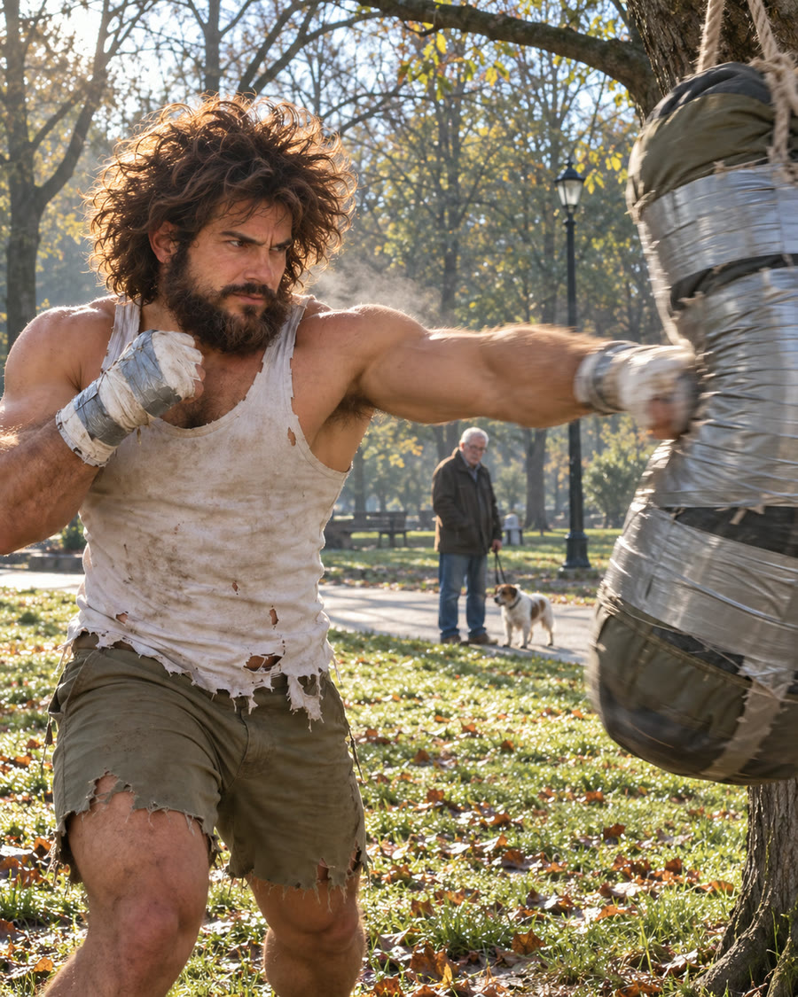 Oliver punching a taped-up punching bag in the park