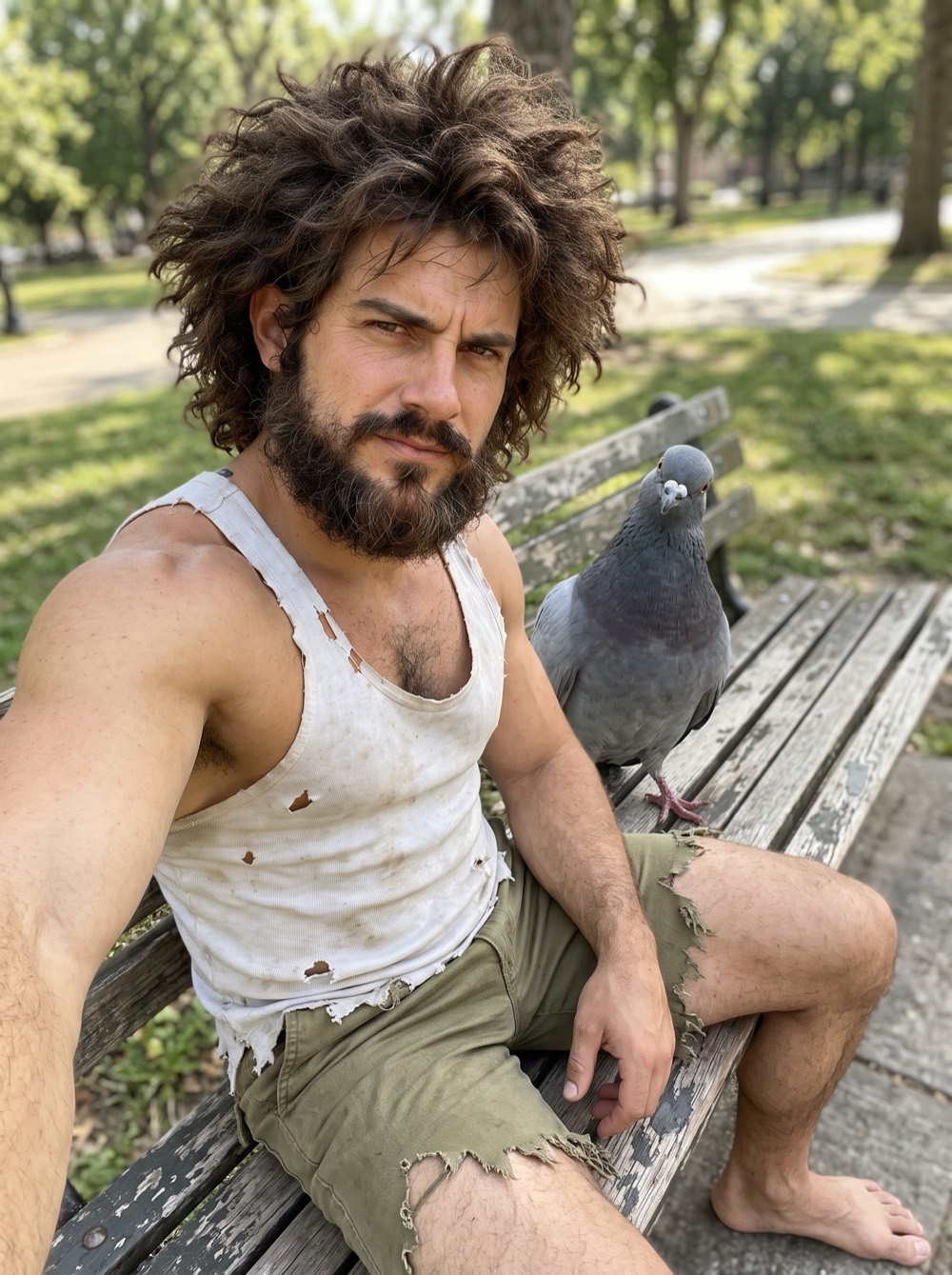 Oliver and a pigeon on a bench